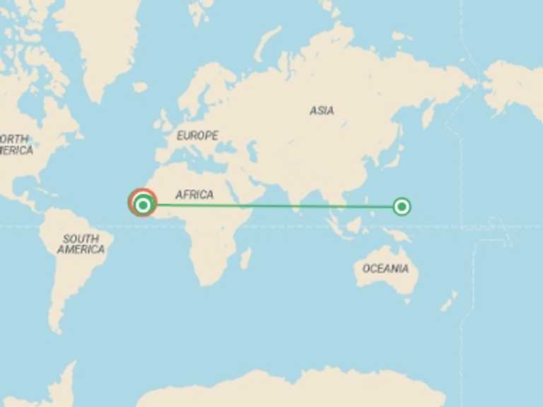 Map itinerary of Africa Tour in March 2027 with 2 destination visits for the trip: Senegal and The Gambia