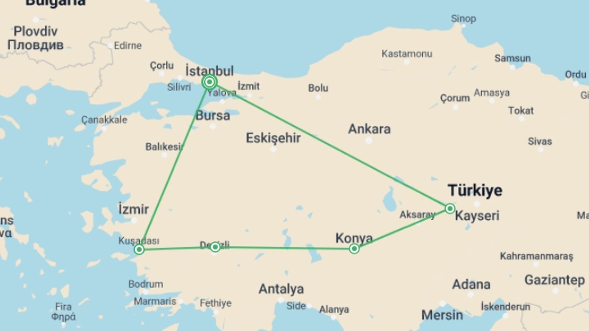 A map showing the tour itinerary for the trip: Discover Turkey, starting in Cape Town, South Africa and ending in Cape Town, South Africa going through 5 other destinations.