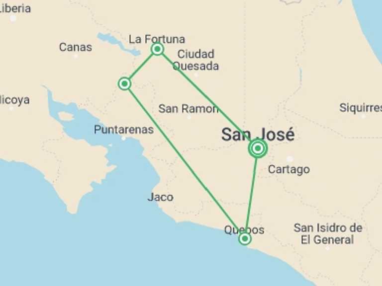 Map of 9-Day San Jose Tour with 4 destination visits for the trip: Costa Rica Escape