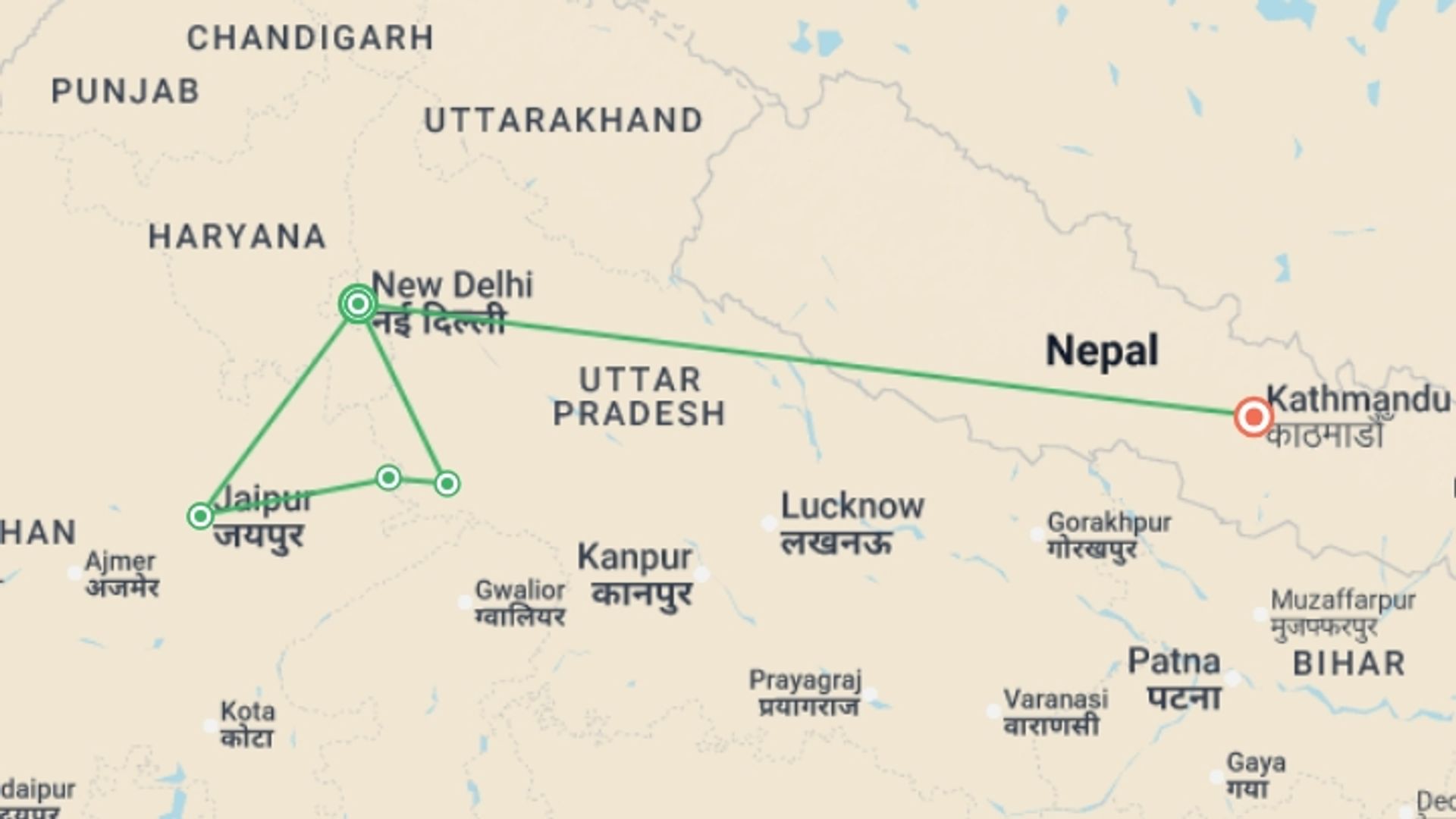 A map showing the tour itinerary for the trip: Wonders of India And Nepal, starting in New Delhi, India and ending in Kathmandu, Nepal going through 4 other destinations.