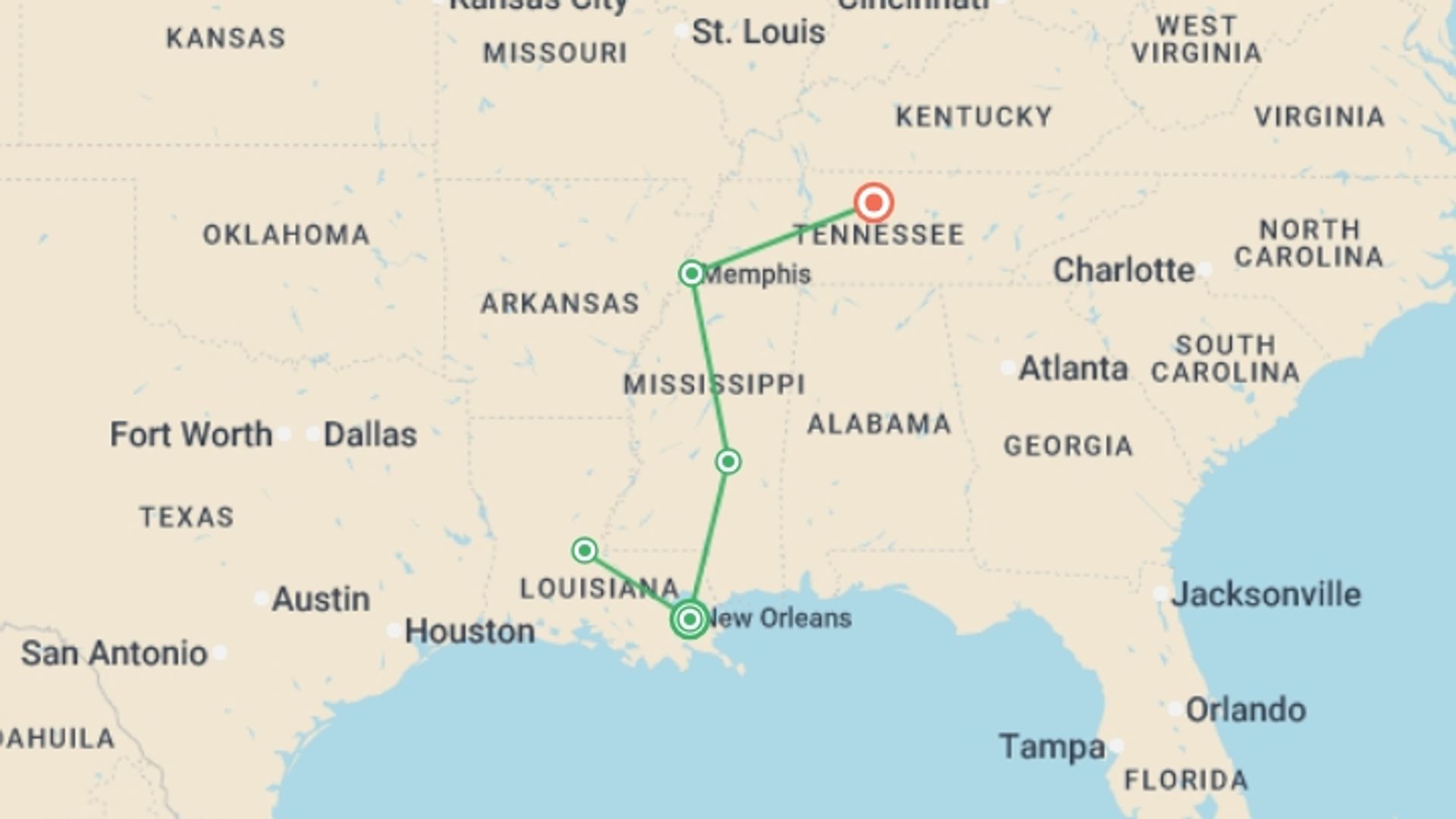 A map showing the tour itinerary for the trip: America's Music Cities featuring New Orleans, Memphis & Nashville, starting in New Orleans, USA and ending in Nashville, USA going through 3 other destinations.