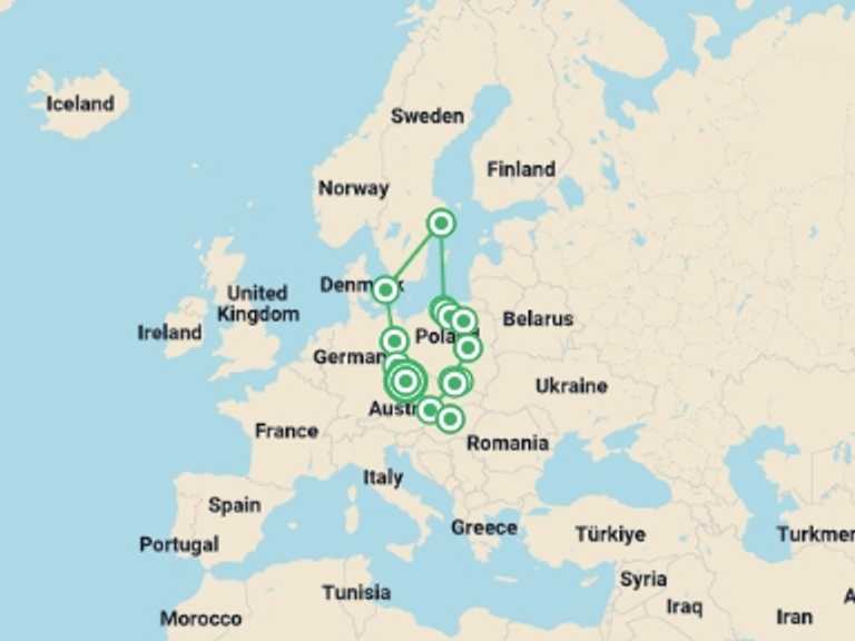 Map itinerary of Poland Tour in May 2026 with 9 destination visits for the trip: Eastern Europe, Poland and Scandinavia End Prague ROT
