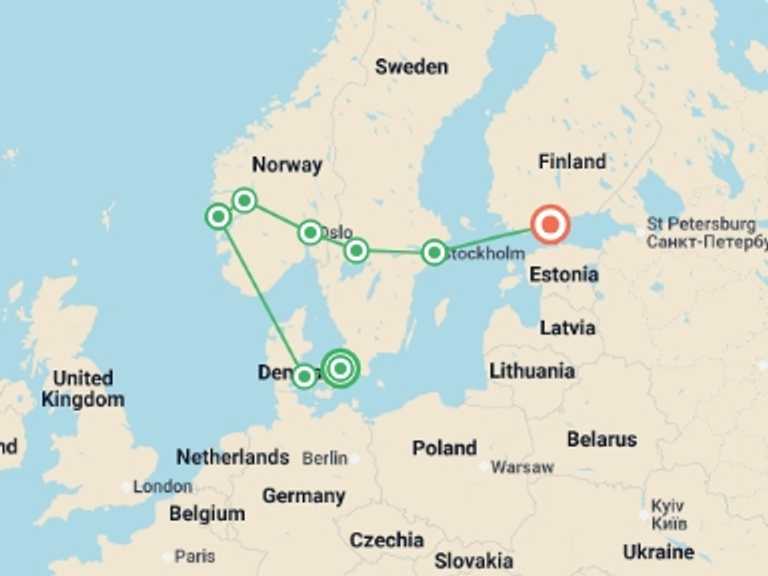 Map of Scandinavia Tour with 6 destination visits for the trip: Copenhagen to Helsinki