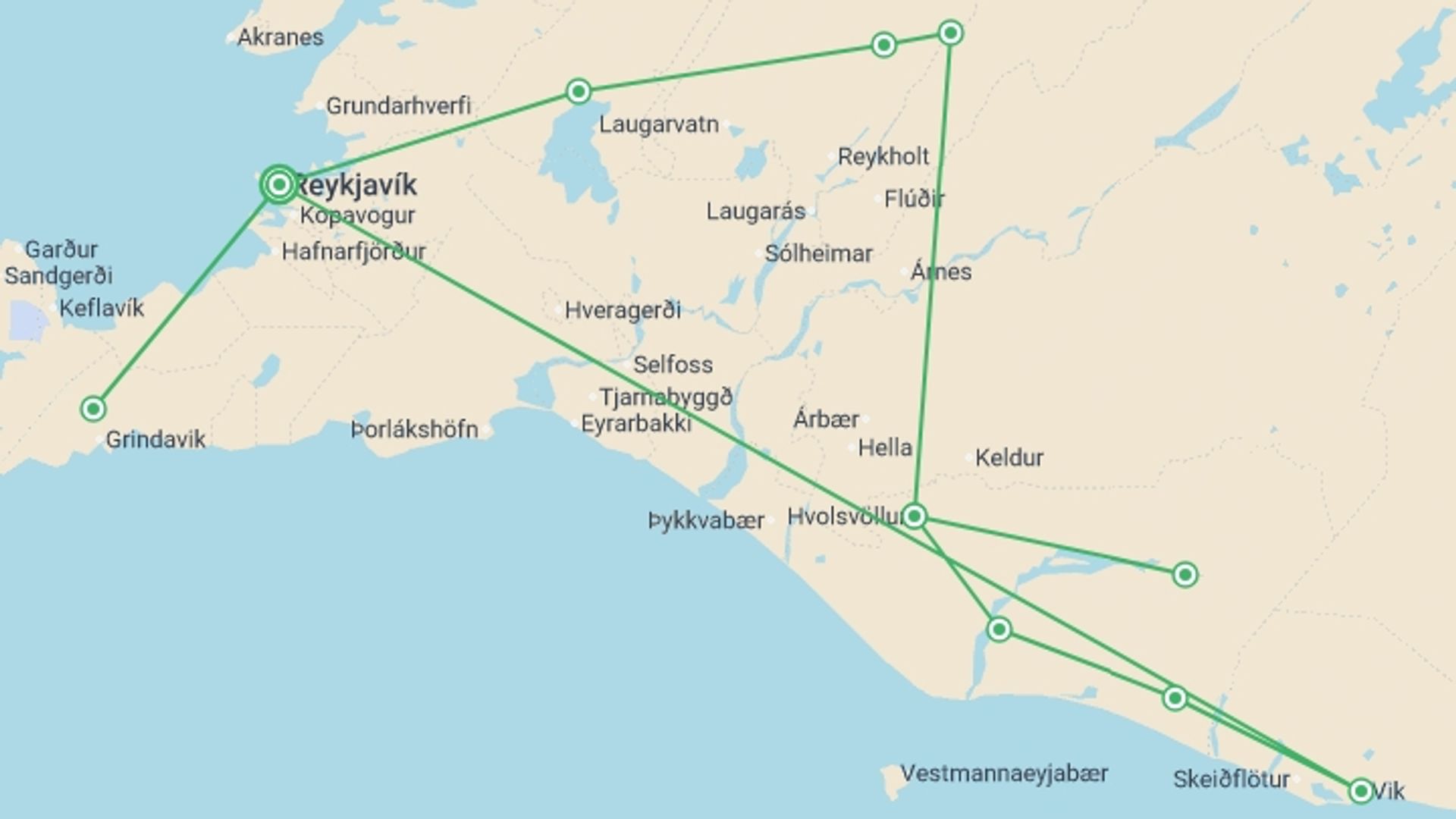 A map showing the tour itinerary for the trip: Land of Fire, Ice & Solar Eclipse 2026 - 6 days, starting in Reykjavik, Iceland and ending in Reykjavik, Iceland going through 1 other destinations.