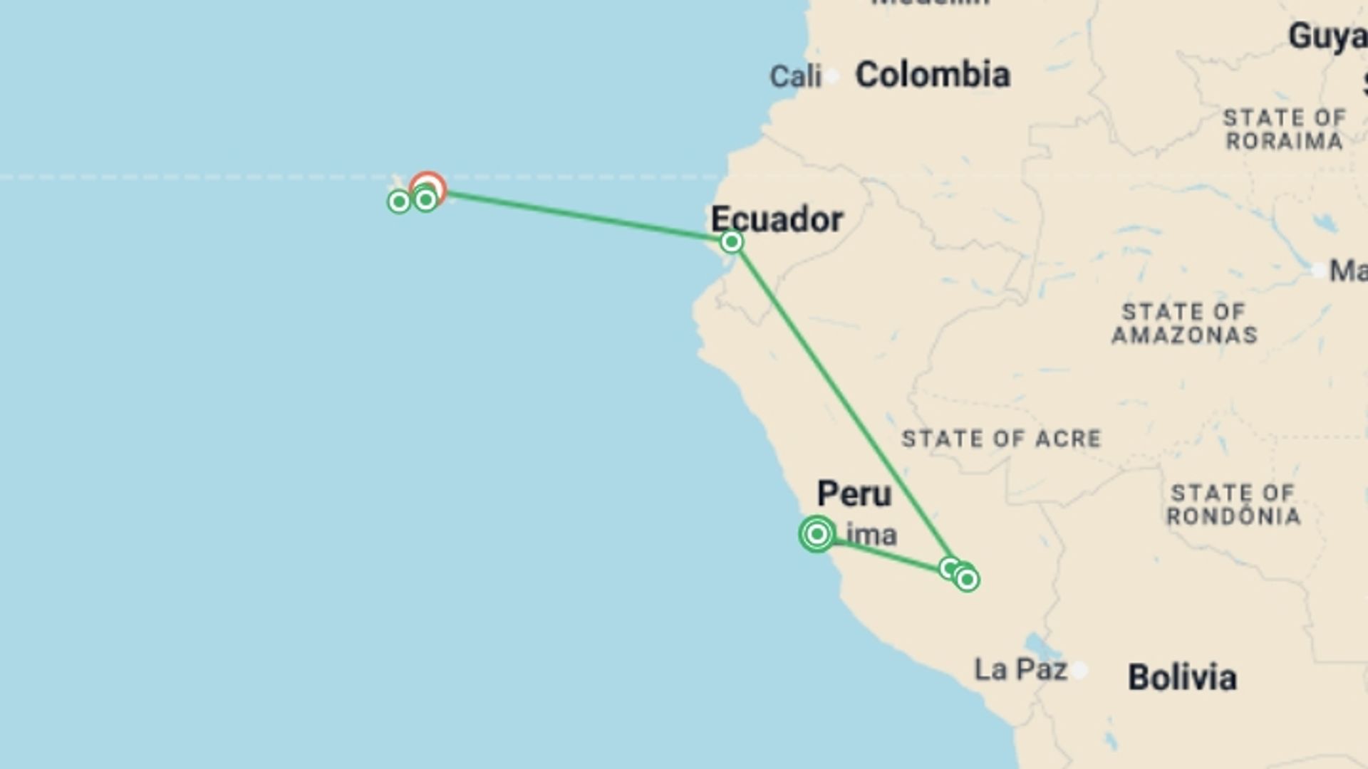 A map showing the tour itinerary for the trip: Andes & Galapagos (multi Country), starting in Lima, Peru and ending in Baltra Island, Ecuador going through 6 other destinations.