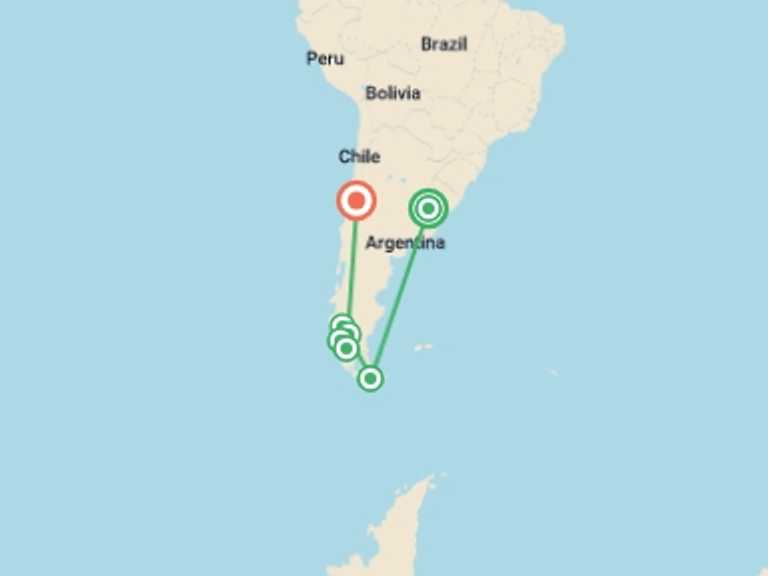 Map of a Glaciers Tour with 7 destination visits for the trip: Wonders of Patagonia
