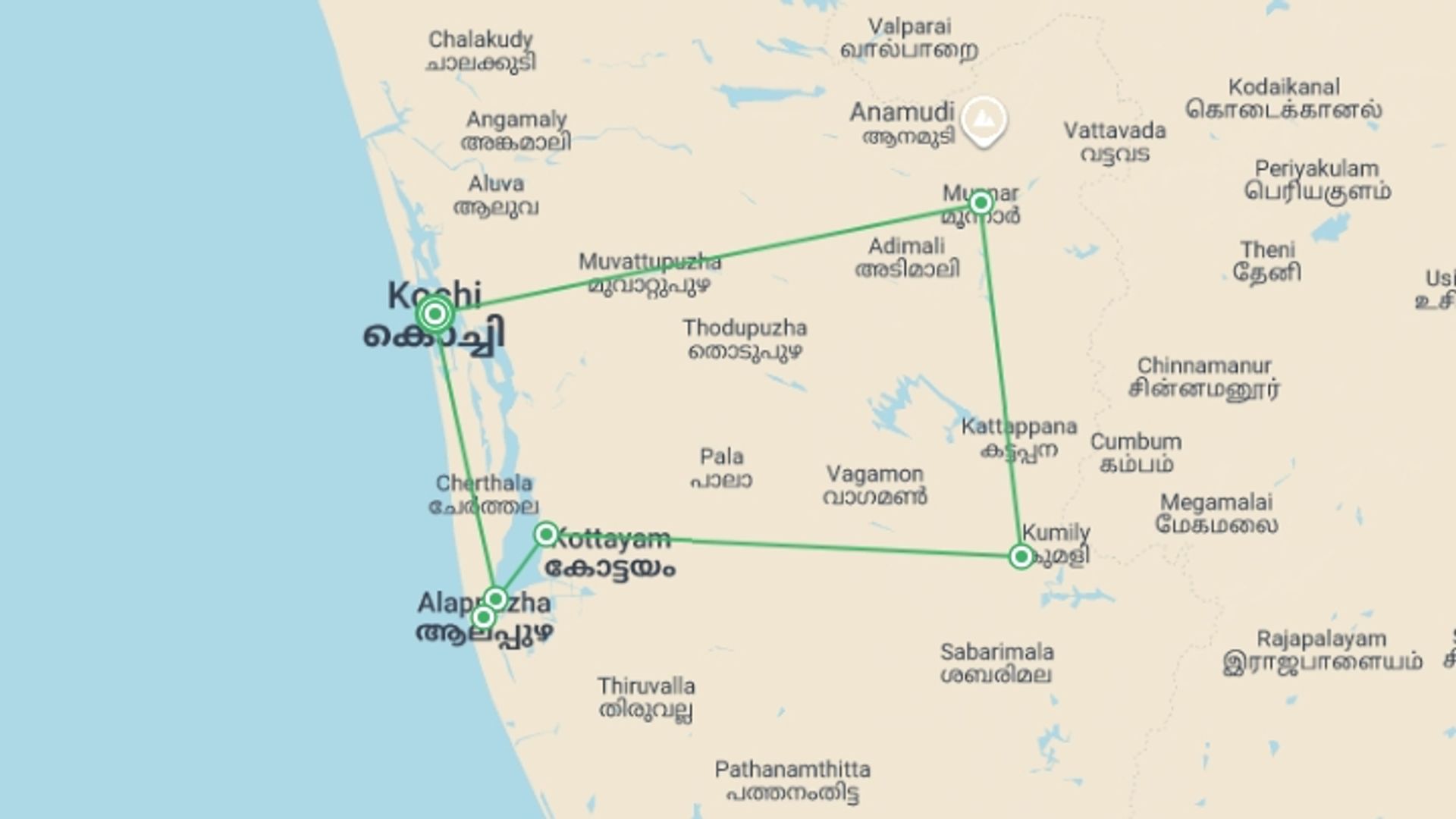 A map showing the tour itinerary for the trip: Captivating Kerala - 8 days, starting in Kochi, India and ending in Kochi, India going through 4 other destinations.