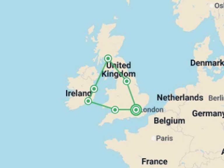 Map of Europe Cultural, religious and historic sites Tour with 6 destination visits for the trip: Britain and Ireland Highlights
