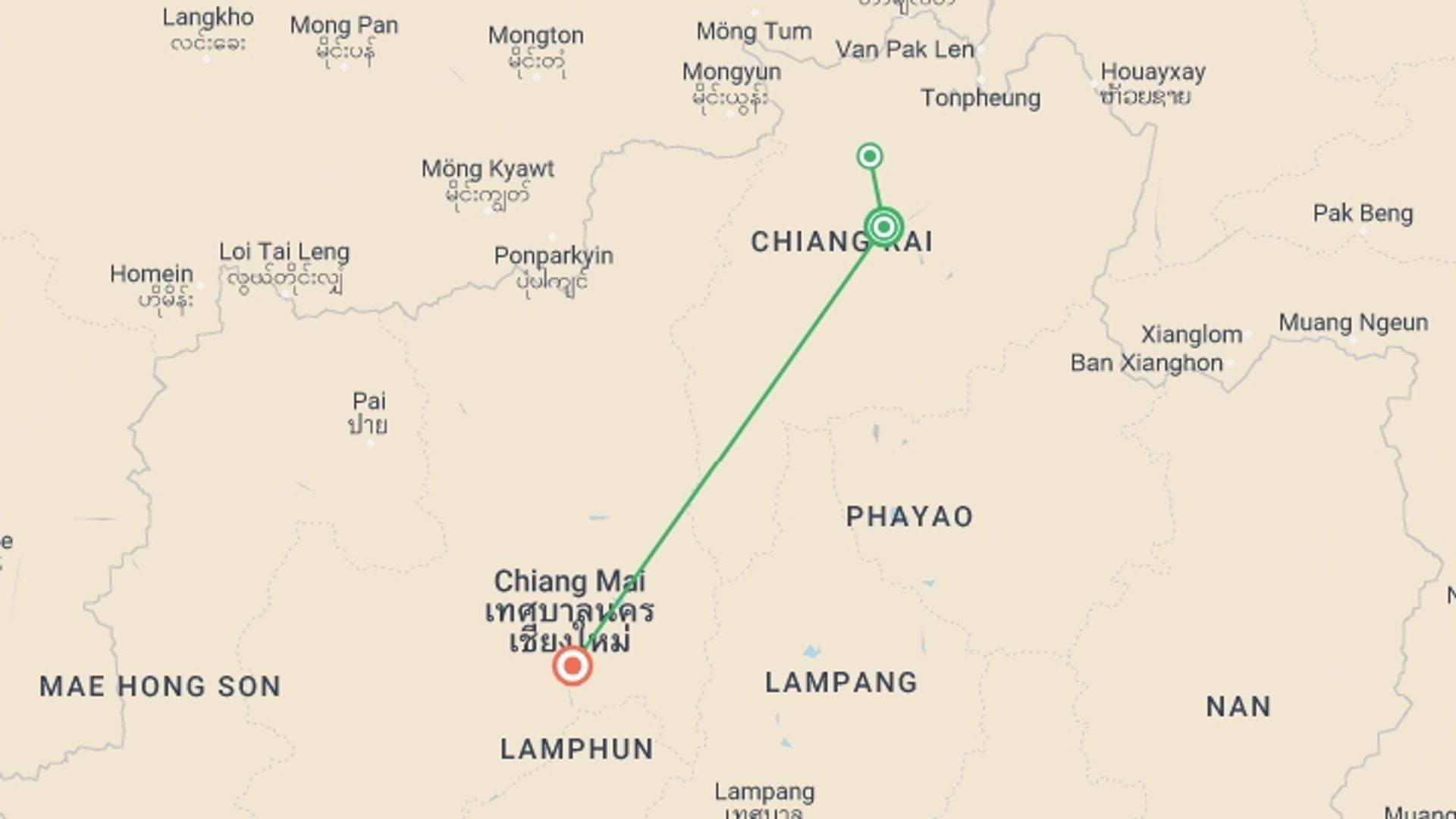 A map showing the tour itinerary for the trip: North Thailand Highlights, Private Tour, starting in Chiang Rai, Thailand and ending in Chiang Mai, Thailand going through 0 other destinations.