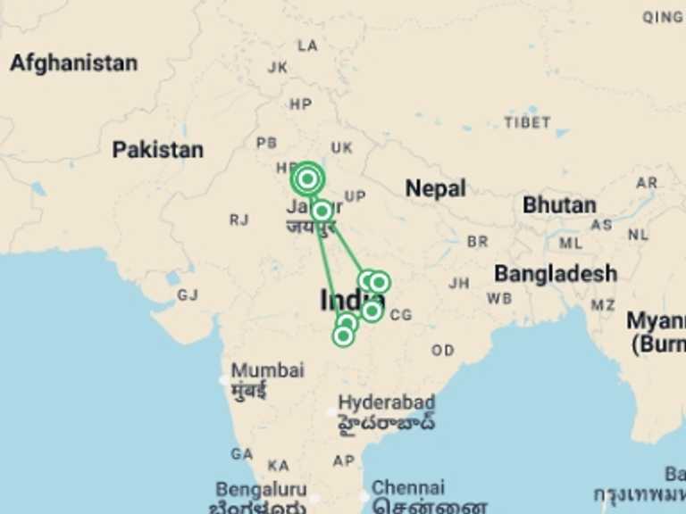 Map of South Asia Tour with 6 destination visits for the trip: India Tiger Safari