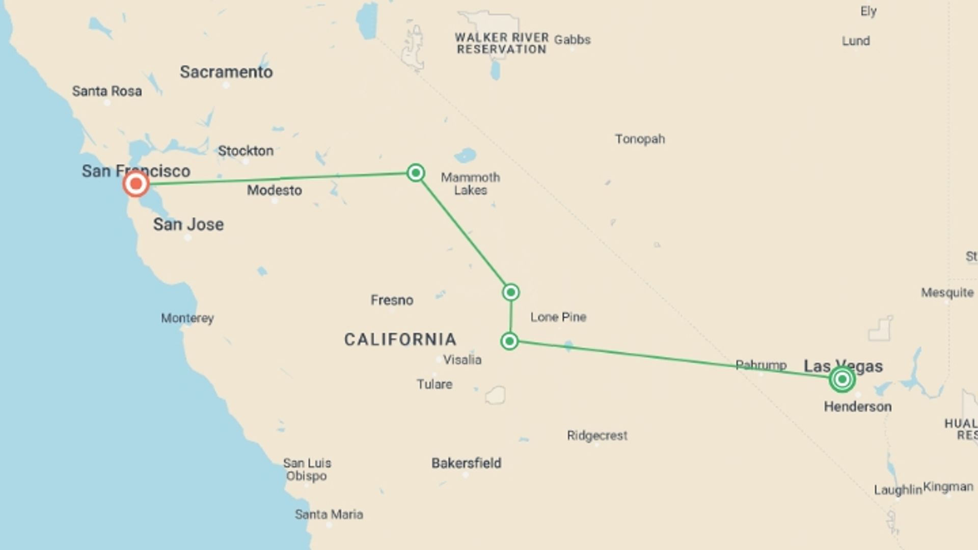 A map showing the tour itinerary for the trip: Hiking Sequoia, Kings Canyon, and Yosemite, starting in Las Vegas, USA and ending in San Francisco, USA going through 3 other destinations.