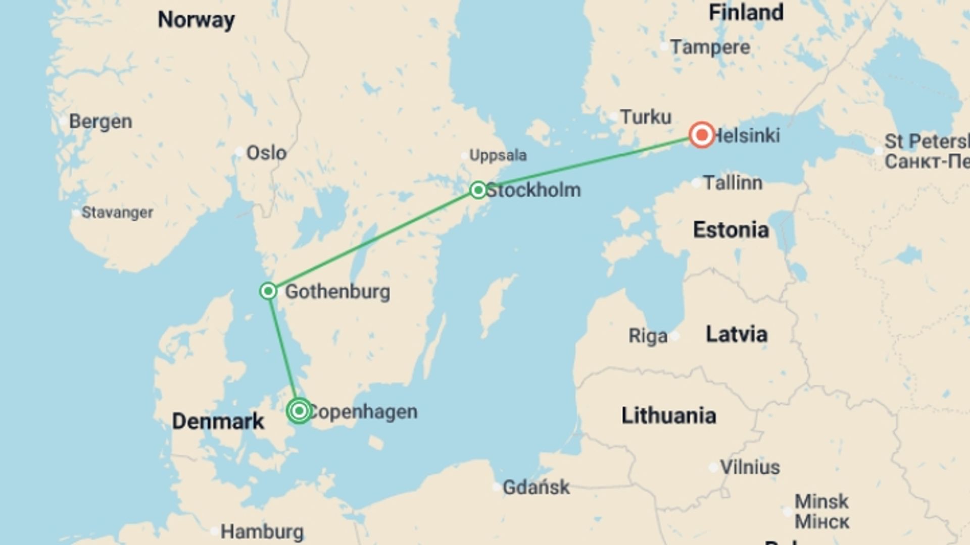 A map showing the tour itinerary for the trip: Essential Scandinavia, starting in Copenhagen, Denmark and ending in Helsinki, Finland going through 2 other destinations.