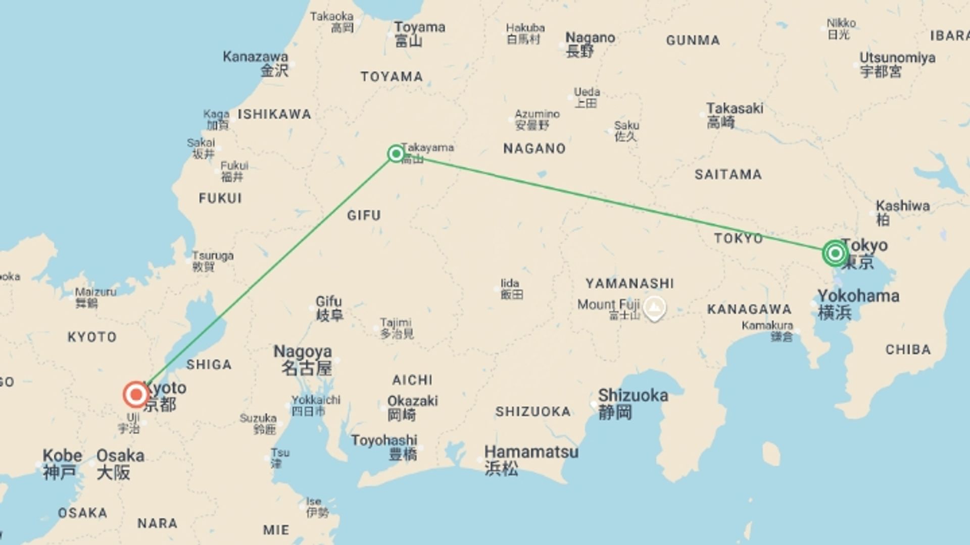 A map showing the tour itinerary for the trip: Tokyo to Kyoto - 10 days, starting in Tokyo, Japan and ending in Kyoto, Japan going through 1 other destinations.
