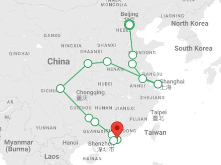 Map itinerary of Nanjing Tour in Spring with 13 destination visits for the trip: Northern and southern China end Hong Kong