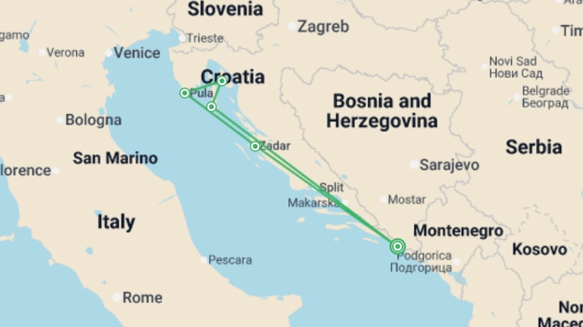 A map showing the tour itinerary for the trip: Family Club - The Splendors of the Northern Adriatic Sea - Historic and Naturally Beautiful Ports of Call in Croatia and Montenegro (port-to-port cruise), starting in Dubrovnik, Croatia and ending in Dubrovnik, Croatia going through 4 other destinations.