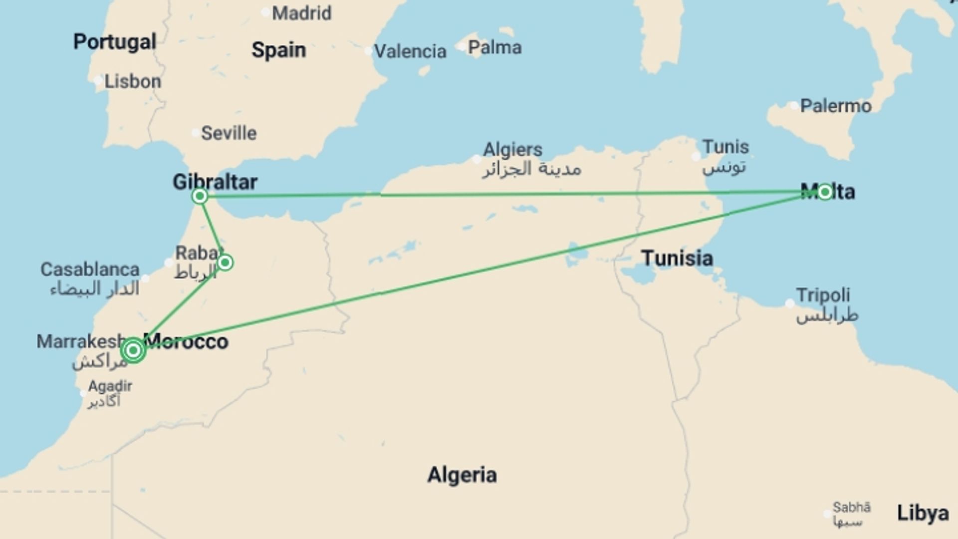 A map showing the tour itinerary for the trip: Colors of Morocco, starting in Marrakech, Morocco and ending in Marrakech, Morocco going through 3 other destinations.