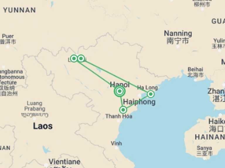 Map itinerary of Hanoi Tour in September 2026 with 5 destination visits for the trip: 9 Days Northern Vietnam: Sapa to Halong Bay
