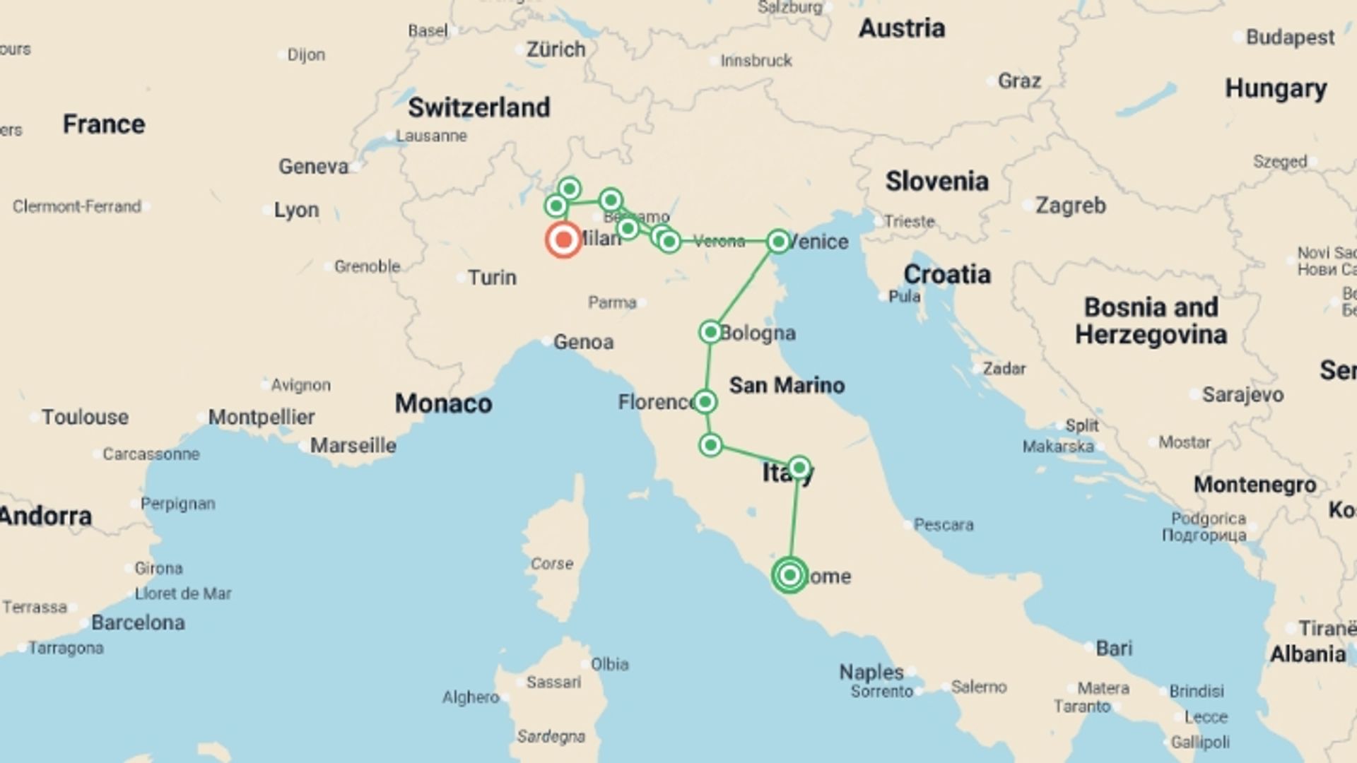 A map showing the tour itinerary for the trip: Classic Italy & the Northern Lakes, starting in Rome, Italy and ending in Milan, Italy going through 3 other destinations.