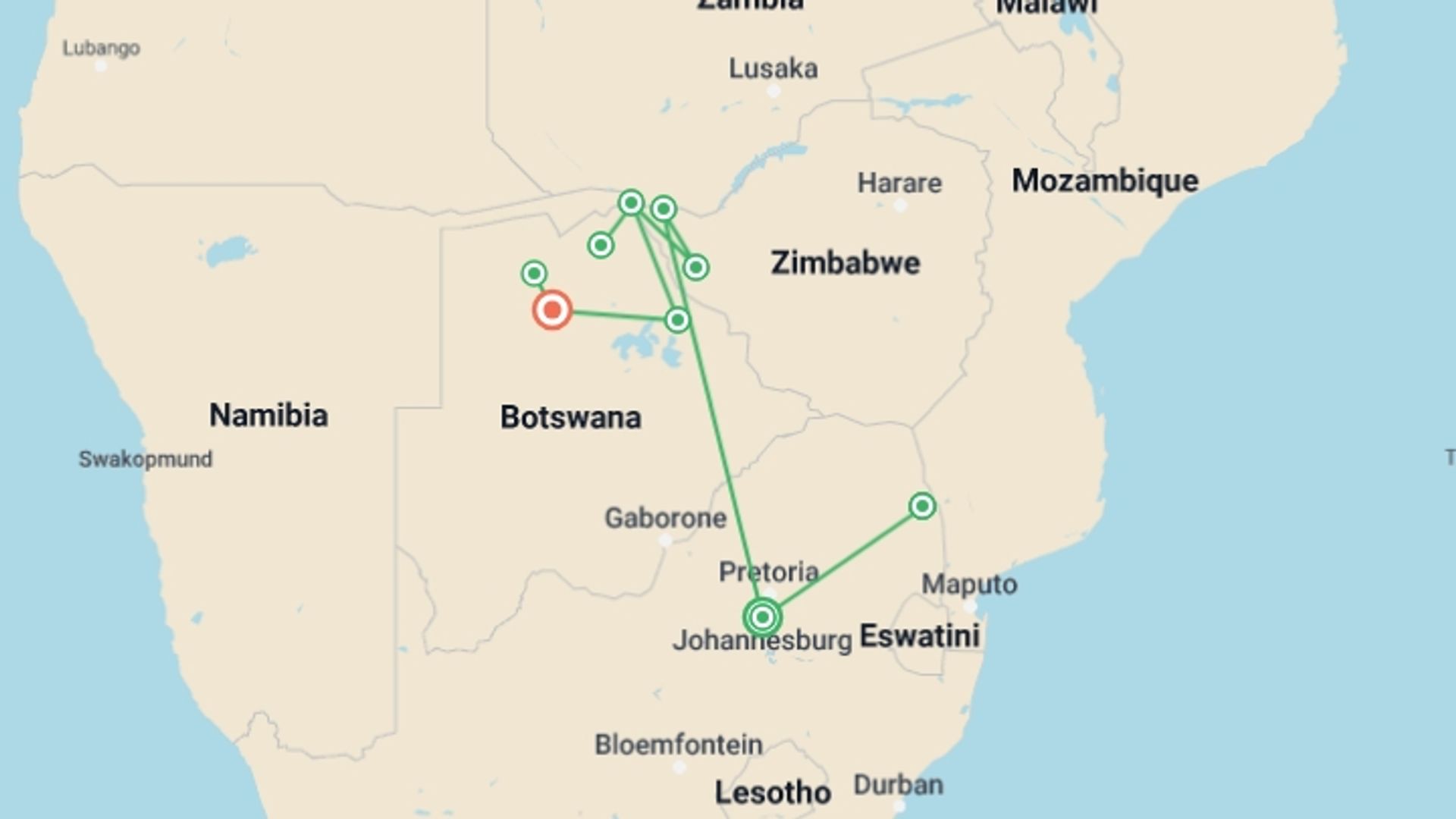 A map showing the tour itinerary for the trip: Ultimate African Safari: Kruger, Hwange, Chobe, & the Okavango Delta, starting in Johannesburg, South Africa and ending in Maun, Botswana going through 6 other destinations.