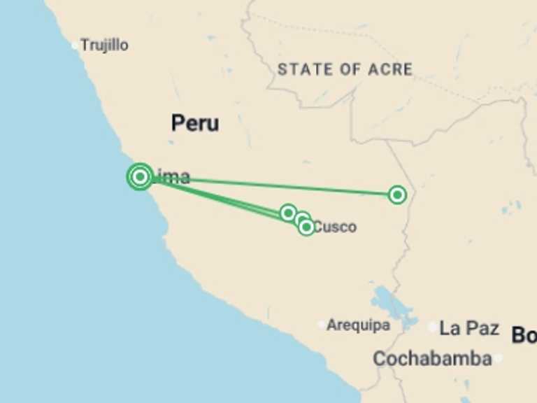 Map of South America Local culture Tour with 5 destination visits for the trip: Highlights of Peru