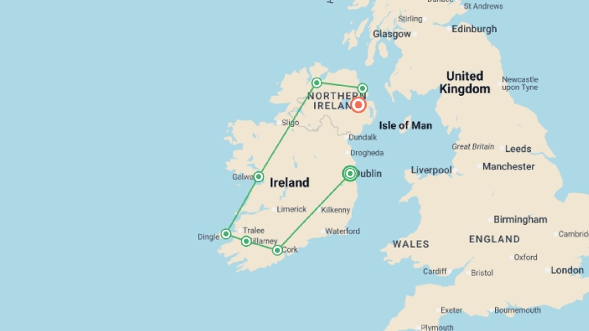 A map showing the tour itinerary for the trip: Country Roads of Ireland, starting in Dublin, Ireland and ending in Belfast, Ireland going through 6 other destinations.