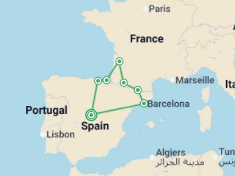 Map itinerary of Spain Tour in March 2027 with 7 destination visits for the trip: Basque Country, Andorra and Barcelona with Lourdes