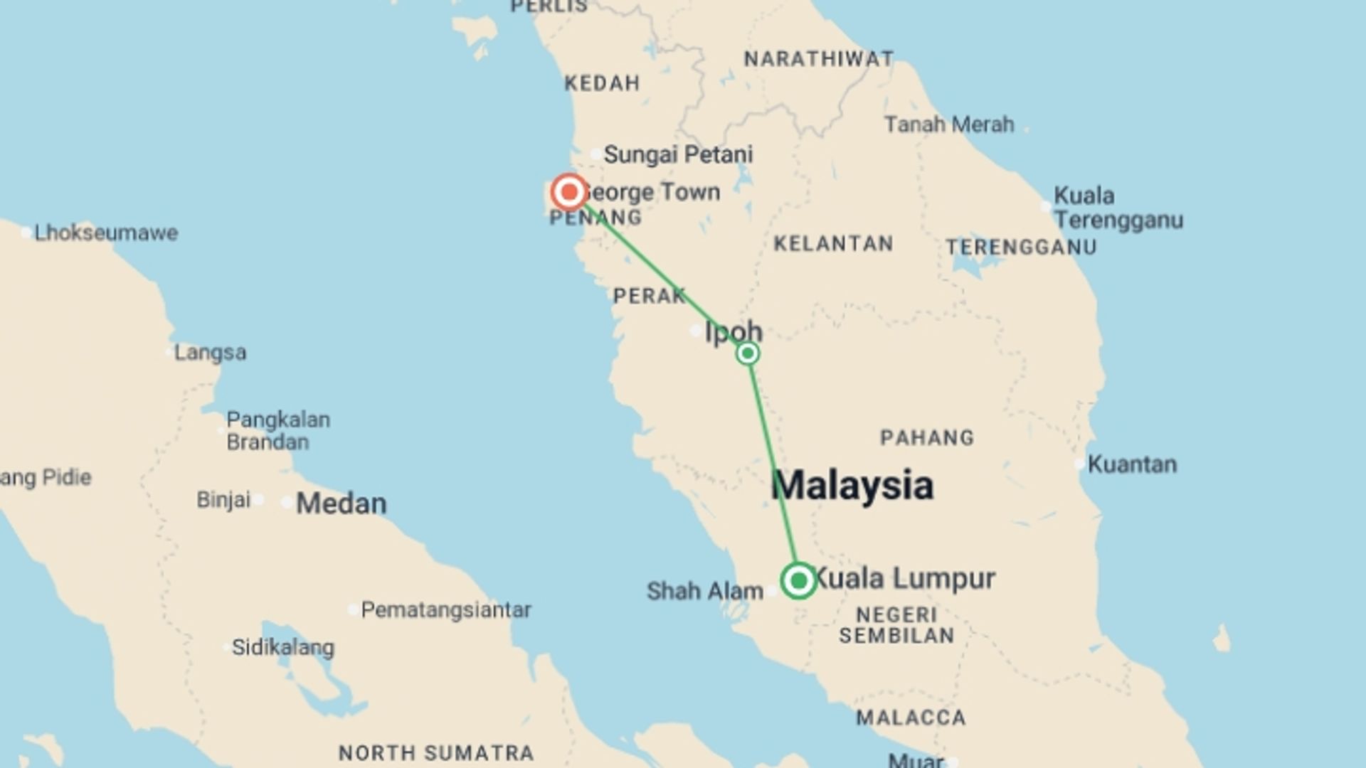 A map showing the tour itinerary for the trip: Classic tour from Kuala Lumpur to Penang, starting in Kuala Lumpur, Malaysia and ending in Penang, Malaysia going through 2 other destinations.