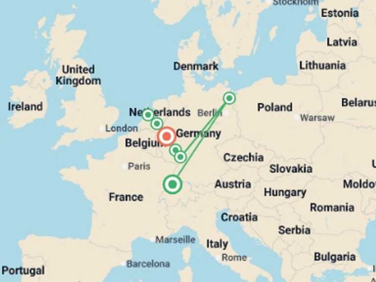 Map of Europe Tour with 7 destination visits for the trip: Magical Rhine Cruise - Basel to Cologne