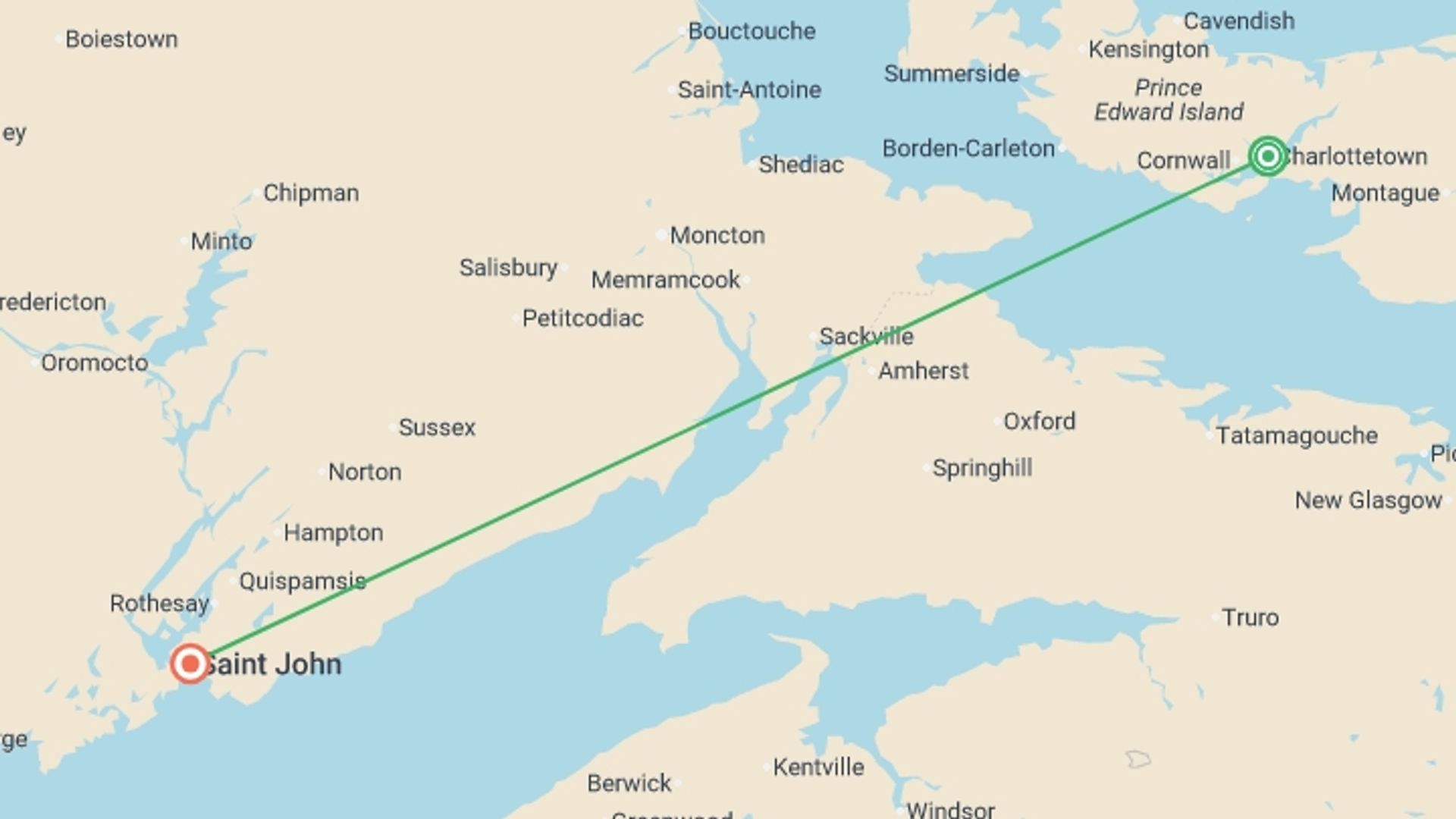 A map showing the tour itinerary for the trip: The Maritimes:  Prince Edward Island to New Brunswick, starting in Charlottetown, Canada and ending in Saint John, Canada going through 1 other destinations.