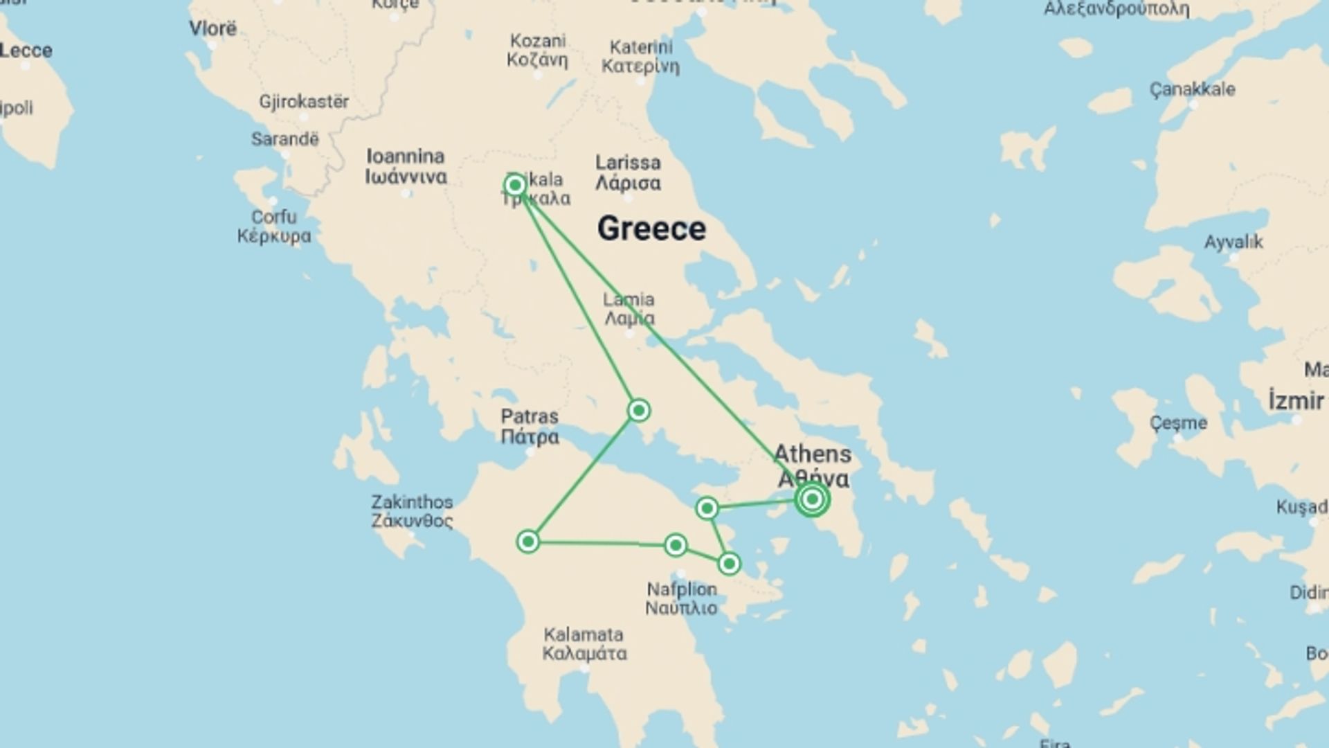 A map showing the tour itinerary for the trip: Classical Tour Greece Argolis, Olympia, Delphi, Meteora, Spanish-speaking Guide, starting in Athens, Greece and ending in Athens, Greece going through 3 other destinations.