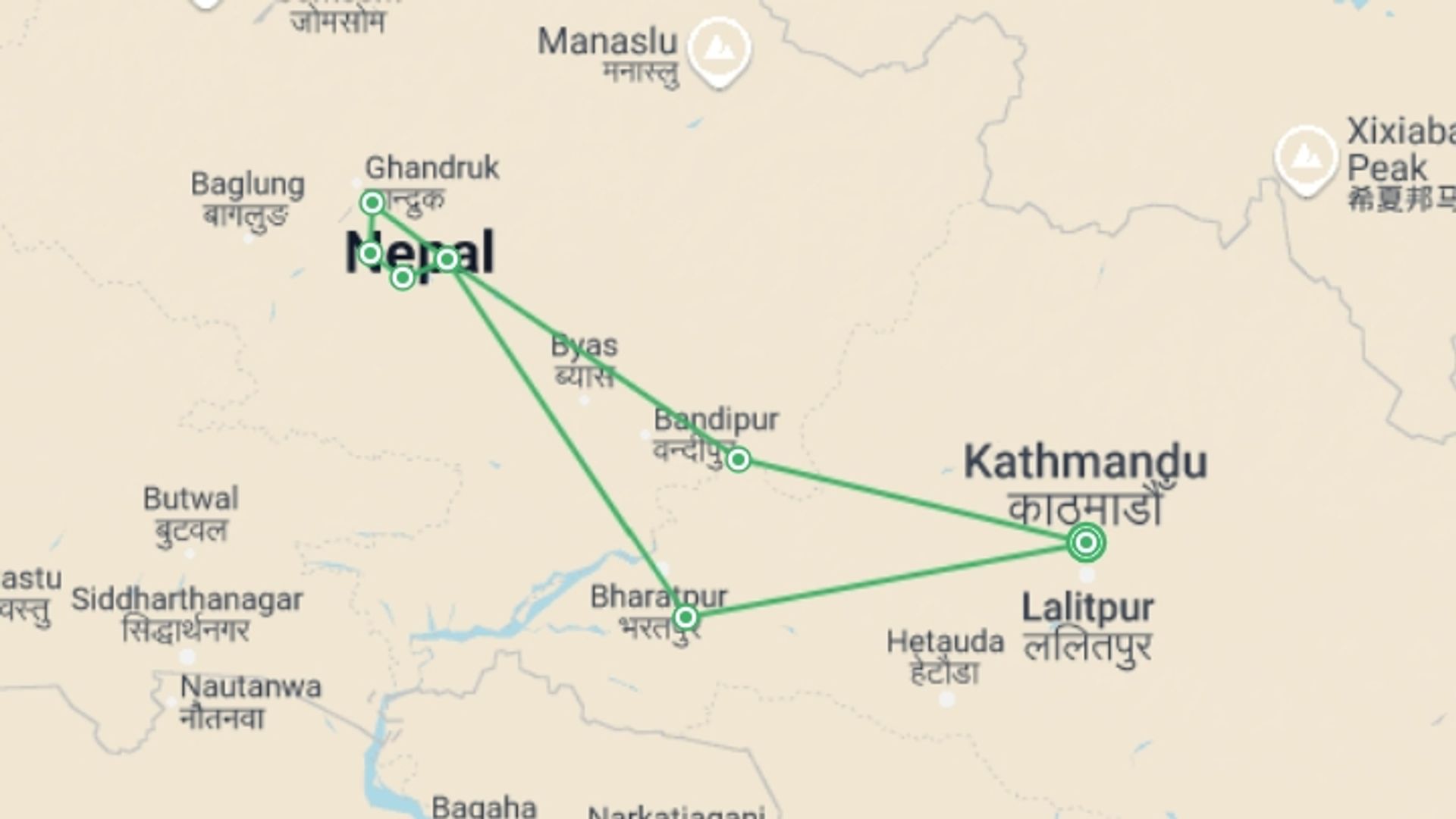 A map showing the tour itinerary for the trip: Walking the Annapurna Foothills, starting in Kathmandu, Nepal and ending in Kathmandu, Nepal going through 6 other destinations.