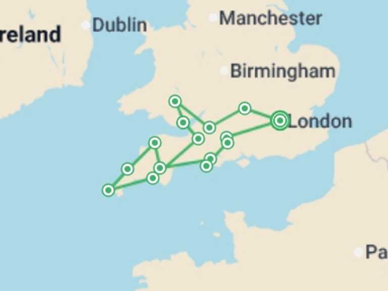 Map itinerary of Europe Tour in July 2026 with 10 destination visits for the trip: Country Roads of Wales, Devon & Cornwall