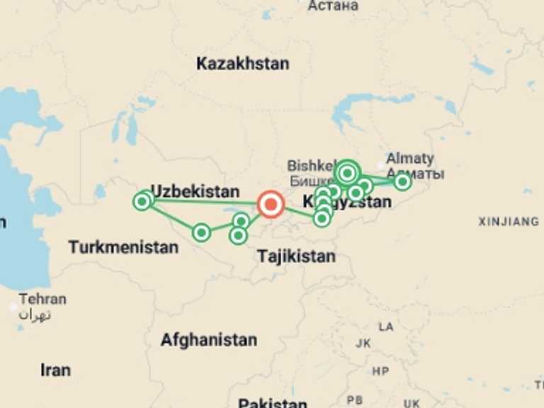 Map itinerary of Asia Tour in May 2026 with 15 destination visits for the trip: The Silk Road of Kyrgyzstan and Uzbekistan