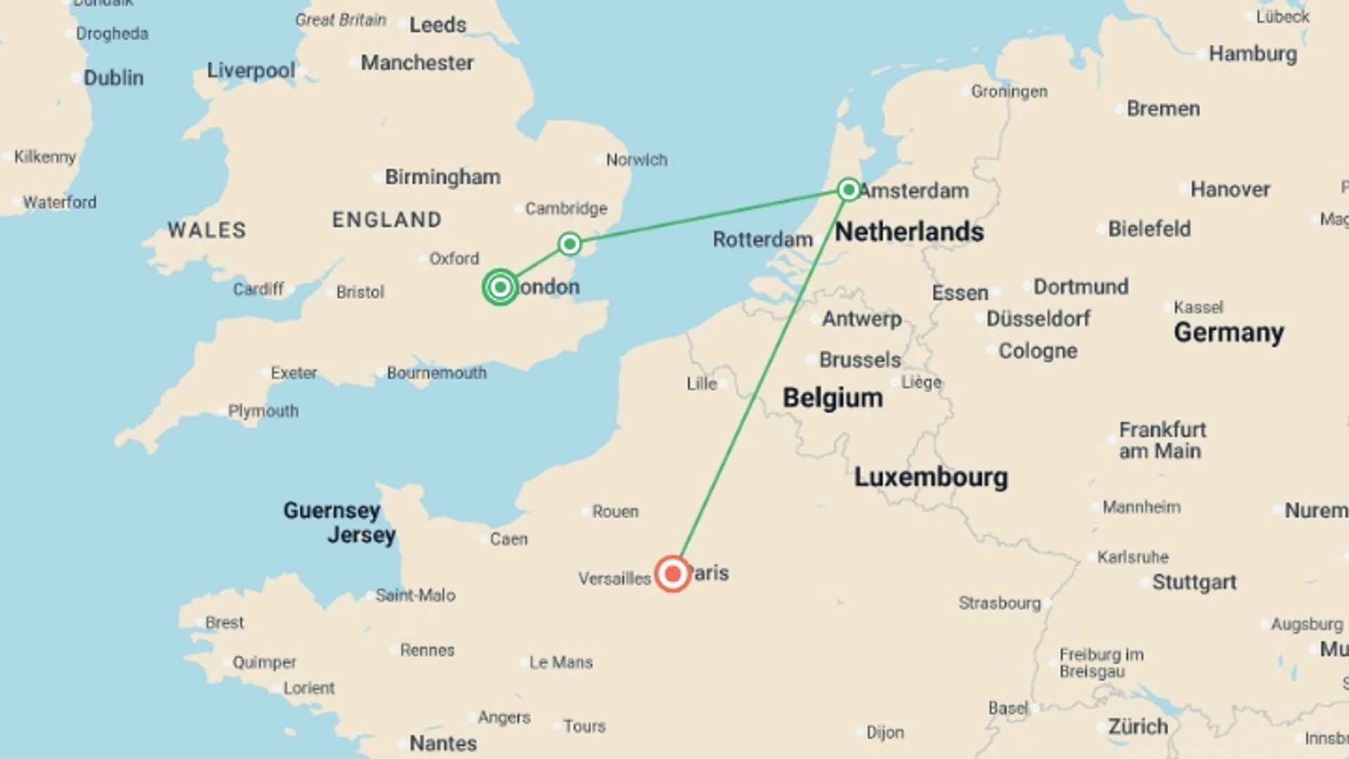 A map showing the tour itinerary for the trip: London, Amsterdam and Paris GO, starting in London, England and ending in Paris, France going through 2 other destinations.