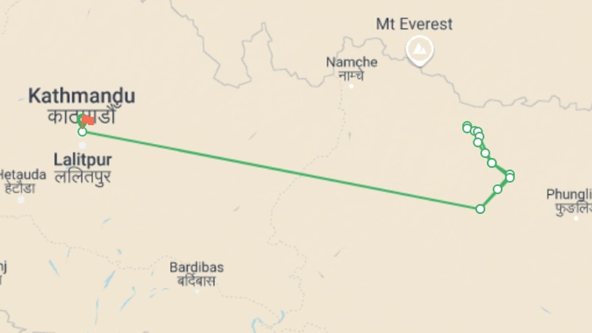 A map showing the tour itinerary for the trip: Makalu Base Camp Trek., starting in Kathmandu, Nepal and ending in Kathmandu, Nepal going through 13 other destinations.