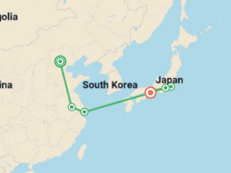 Map itinerary of Asia Tour in February 2027 with 7 destination visits for the trip: Beijing, Shanghai and Essential Japan
