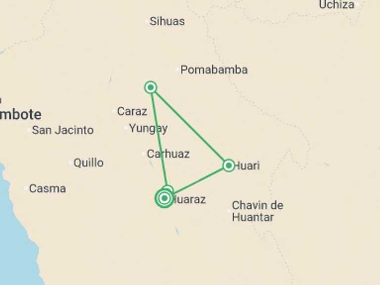 Map of Huaraz Tour with 4 destination visits for the trip: Santa Cruz Trek 4D/3N