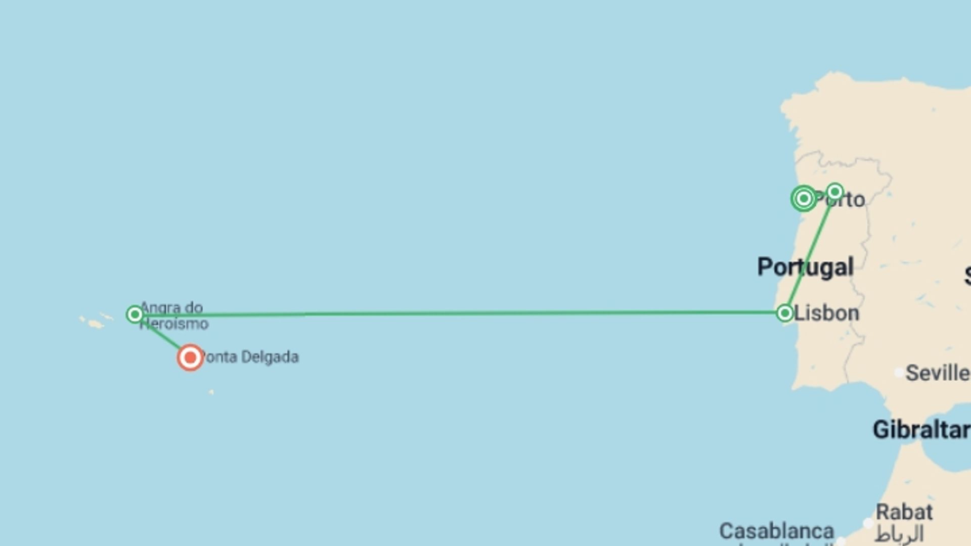 A map showing the tour itinerary for the trip: Signature: Portugal & the Azores Islands, starting in Porto, Portugal and ending in Ponta delgada, Portugal going through 4 other destinations.