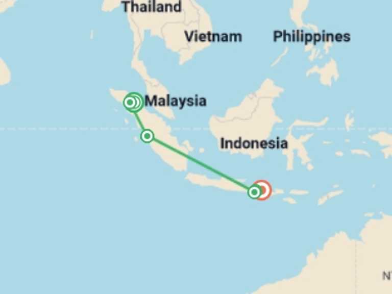Map of a Chill out Tour with 6 destination visits for the trip: Bali & Sumatra Adventure