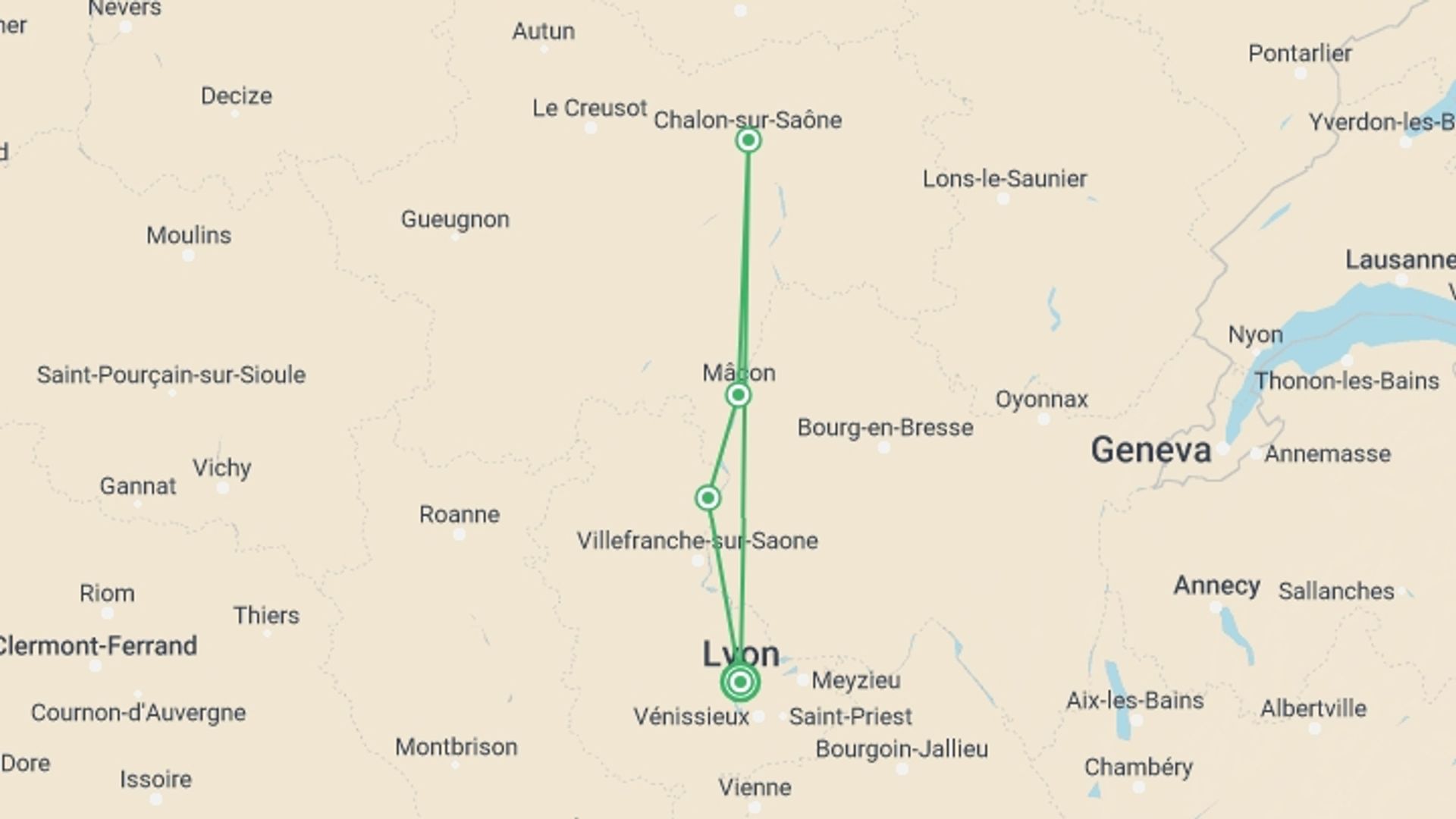 A map showing the tour itinerary for the trip: Exceptional Wine Tasting Cruise in Burgundy: Beaujolais Nouveau (port-to-port cruise), starting in Lyon, France and ending in Lyon, France going through 3 other destinations.