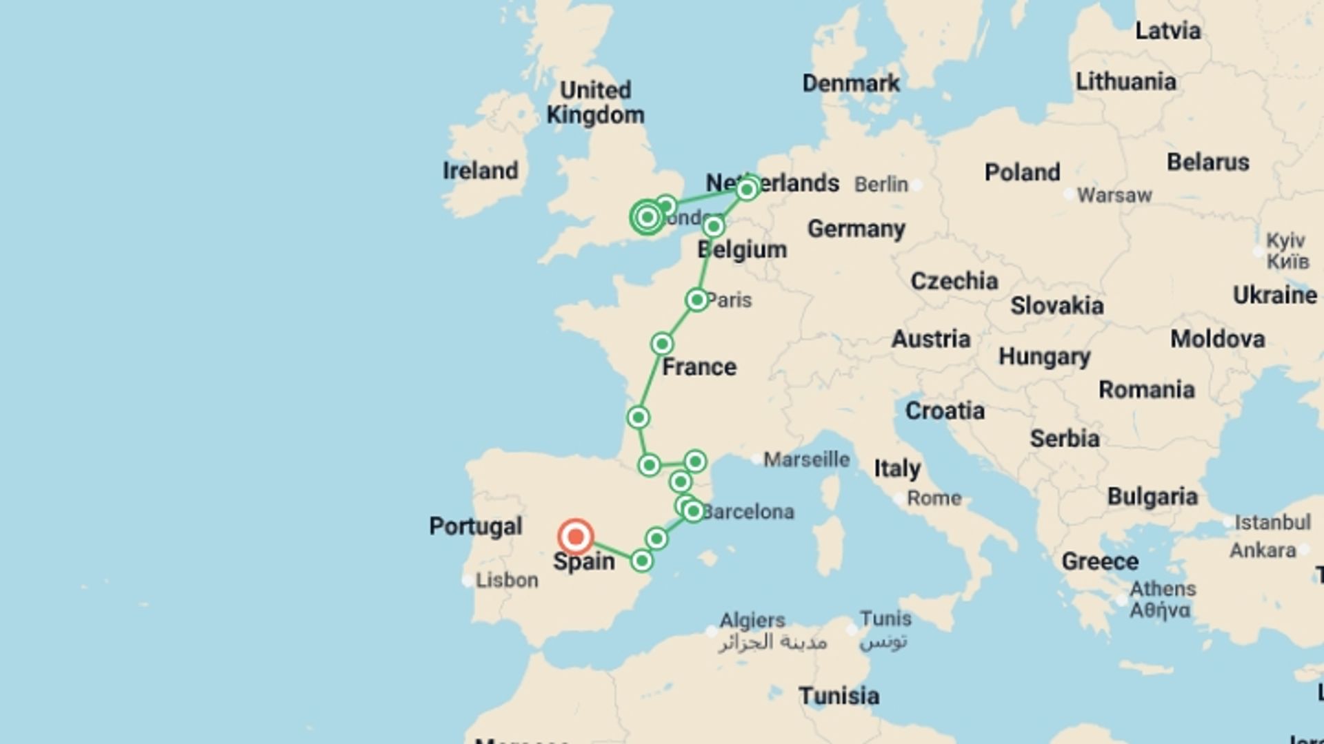 A map showing the tour itinerary for the trip: Remarkable Journey, starting in London, England and ending in Madrid, Spain going through 7 other destinations.