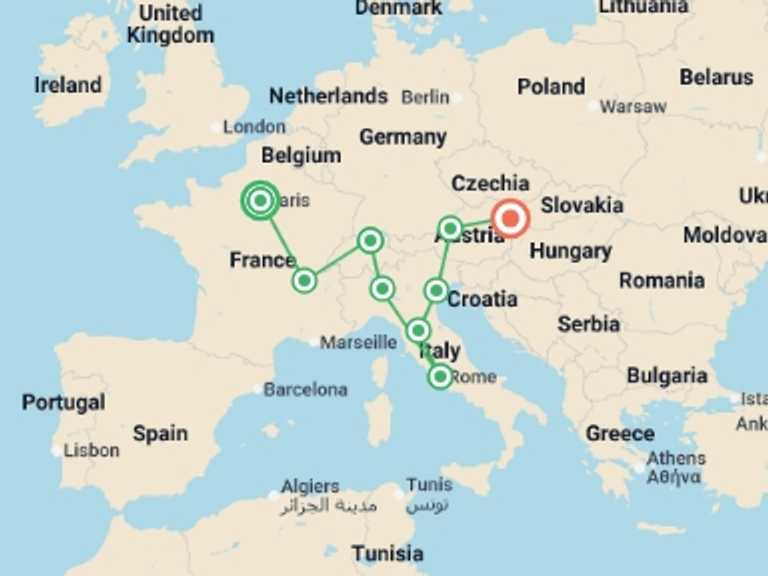 Map itinerary of Mediterranean Tour in October 2026 with 9 destination visits for the trip: Adventurous Europe GO
