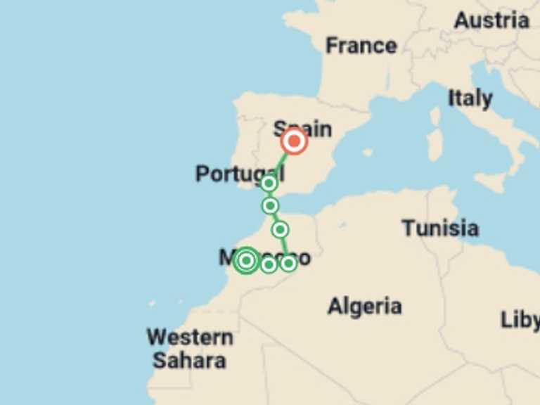 Map itinerary of Madrid Tour in Spring with 7 destination visits for the trip: From Marrakesh to Madrid