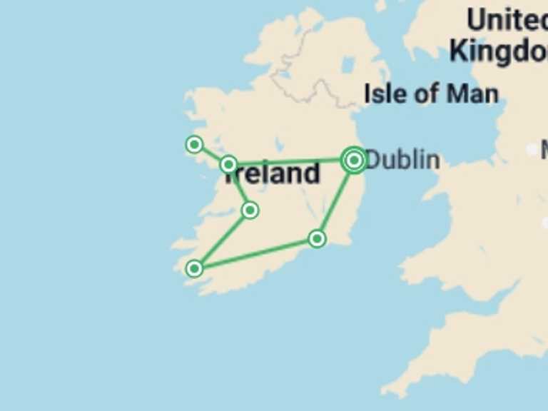 Map itinerary of Europe Tour in April 2027 with 6 destination visits for the trip: Best of Ireland