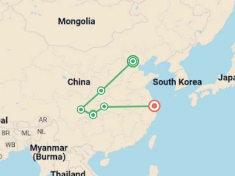 Map of China Tour with 7 destination visits for the trip: Premium China Small Group Discovery Tour with Yangtze River Cruise