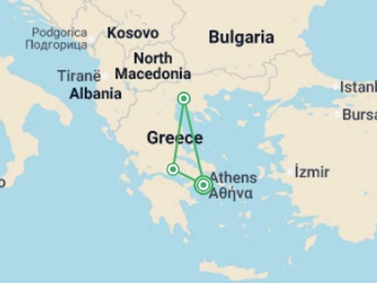 Map of Athens City sightseeing Tour with 3 destination visits for the trip: Historical Highlights of Greece - 8 Days