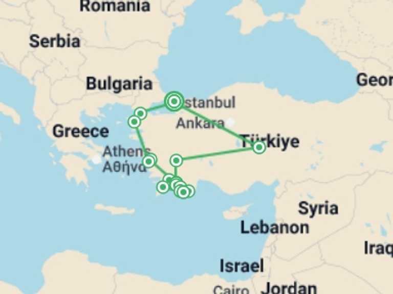 Map of 19-Day Mediterranean Tour with 11 destination visits for the trip: All About Turkey (5 & 4 Star Hotels)