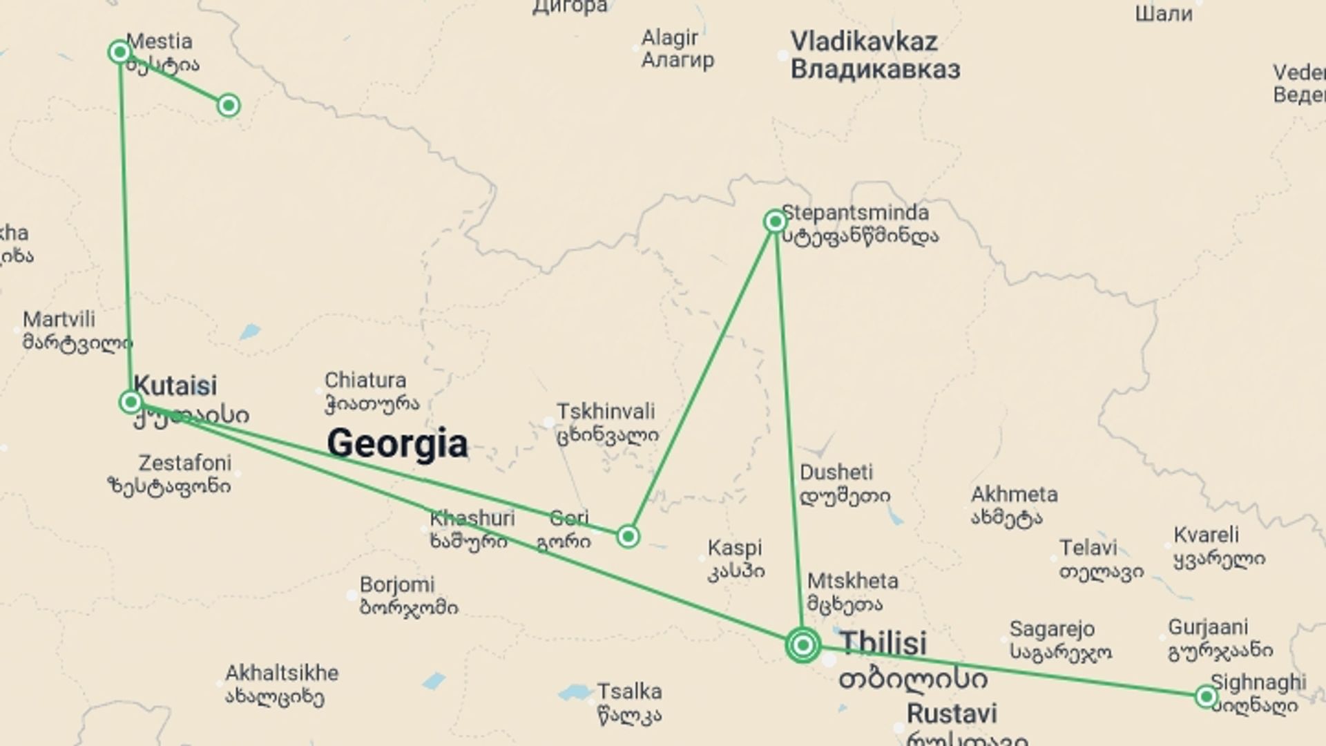 A map showing the tour itinerary for the trip: Best of Georgia, starting in Tbilisi, Georgia and ending in Tbilisi, Georgia going through 3 other destinations.