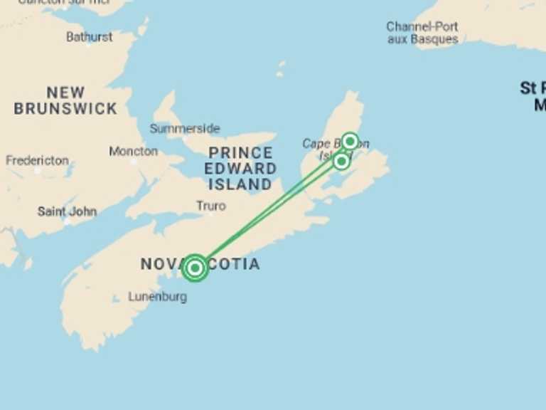 Map of Canada City sightseeing Tour with 3 destination visits for the trip: Discover Nova Scotia