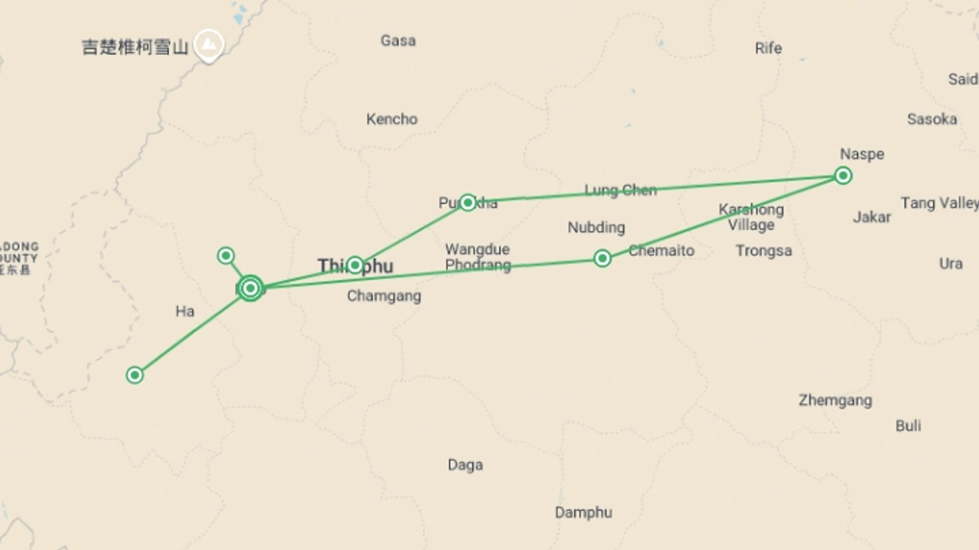 A map showing the tour itinerary for the trip: Bhutan, 12 Days Tour (on Request), starting in Paro, Bhutan and ending in Paro, Bhutan going through 4 other destinations.